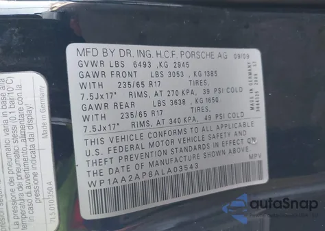 2010 Porsche Cayenne из США, поврежденный, VIN WP1AA2AP8ALA03543